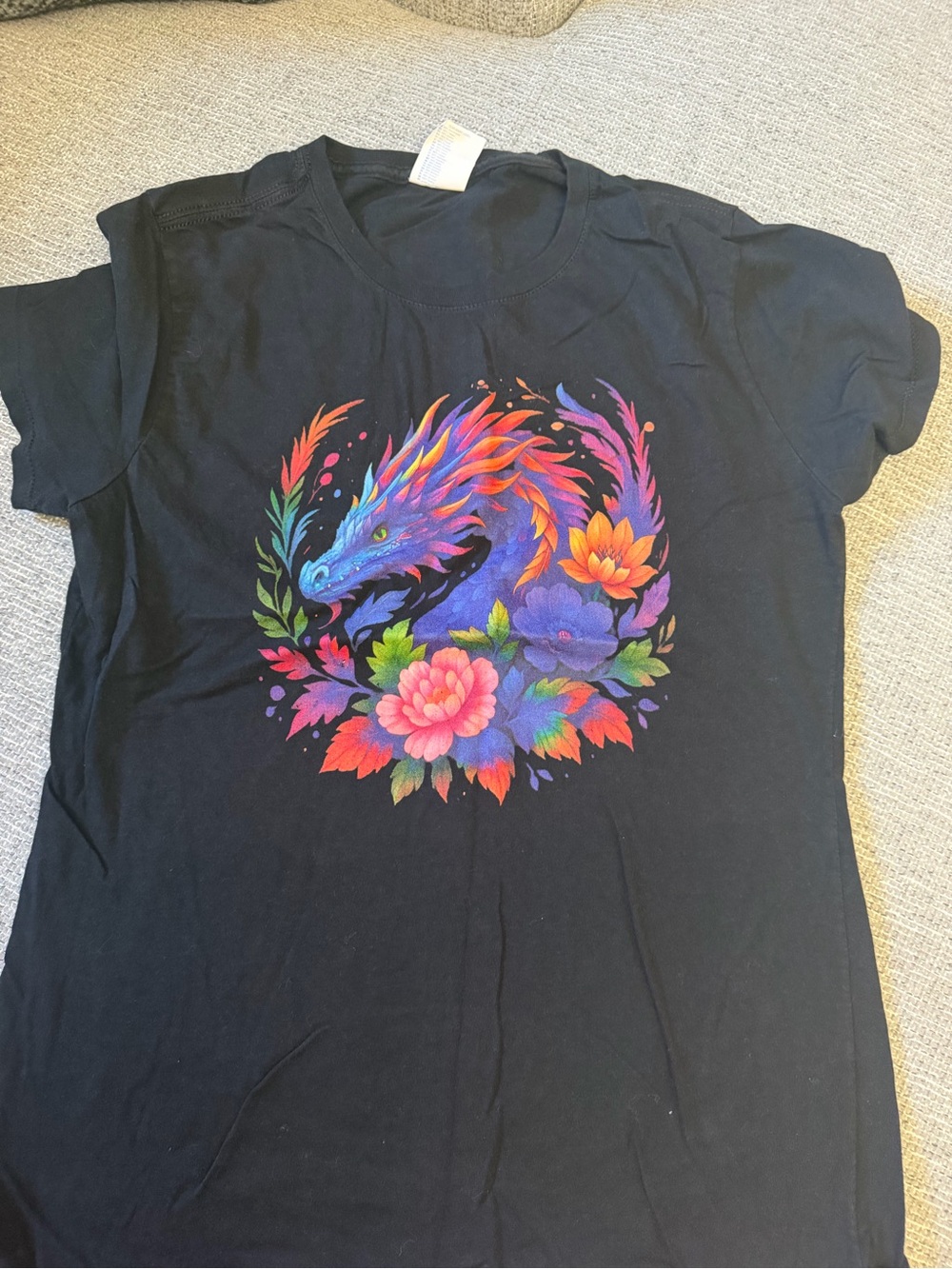 Port and Company Black Short Sleeve Tee with Vibrant Dragon Floral Graphic